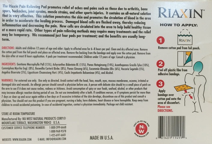 Riaxin Pain Relieving Pad (size 4, 4 patches)