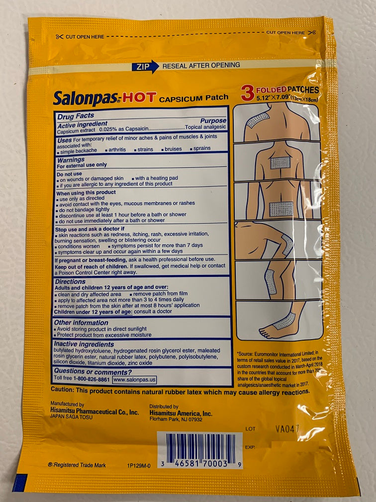 Salonpas Hot Capsicum Patch by Hisamitsu (3 pcs - 5" x 7")