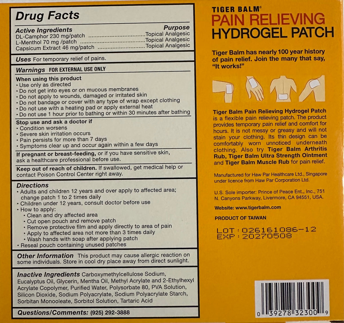 Tiger Balm Pain Relieving Hydrogel Patch (4 patches, 8" x 4")